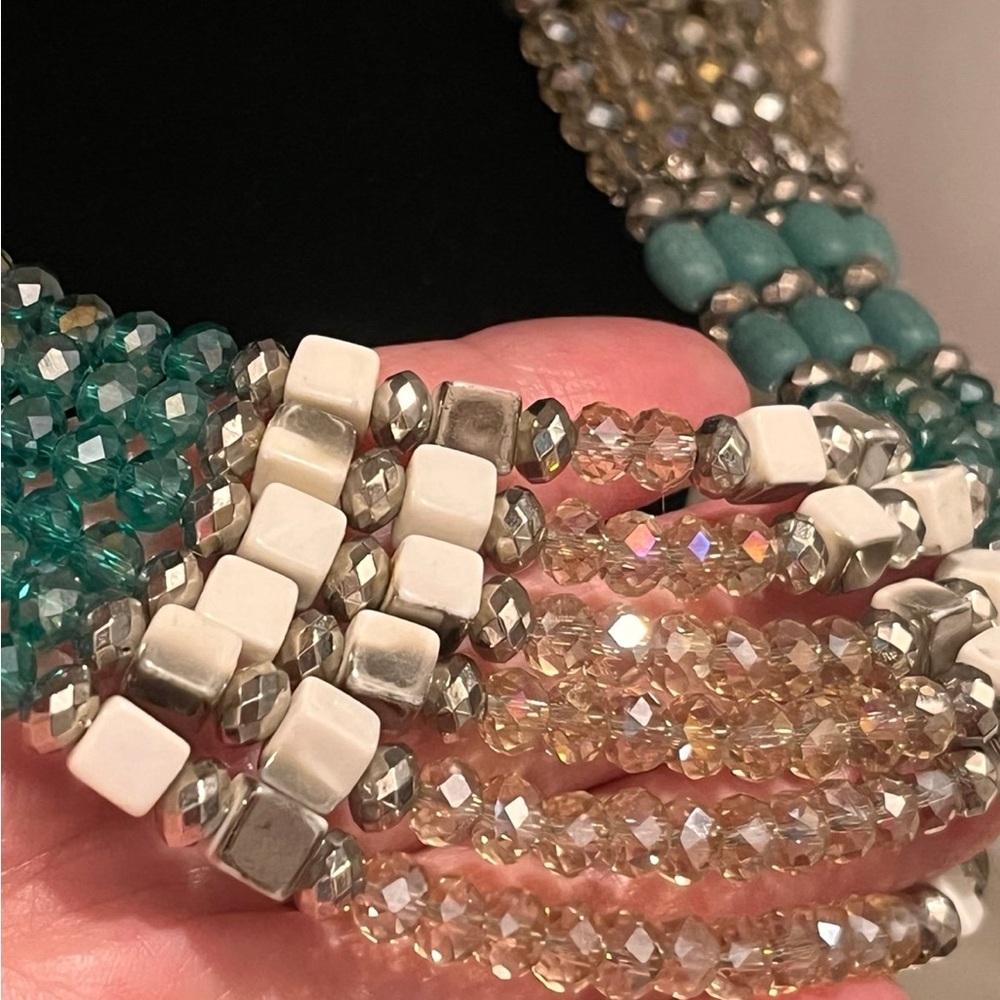 N128 Vintage Egyptian Revival Turquoise and Silver Beaded Bib Necklace - Picture 8 of 10